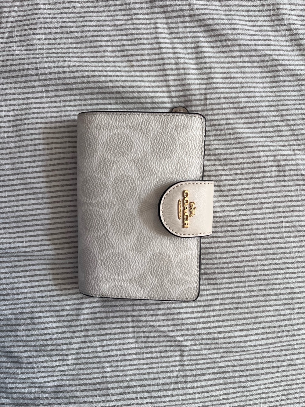 Coach Light Pink and Cream Signature Compact Card Holder with Gold Hardware